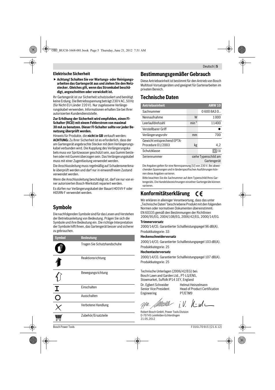 Symbole, Bestimmungsgemäßer gebrauch, Technische daten konformitätserklärung | Bosch AMW 10 User Manual | Page 5 / 124