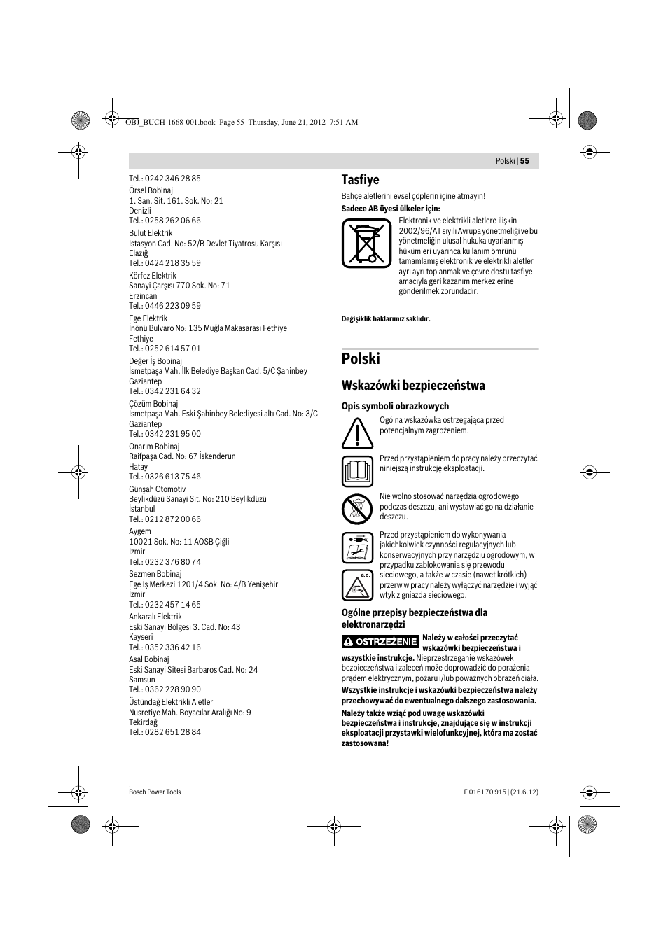 Polski, Tasfiye, Wskazówki bezpieczeństwa | Bosch AMW 10 User Manual | Page 55 / 124