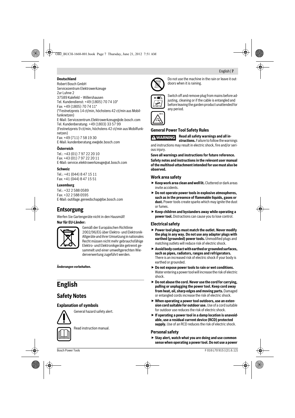 English, Entsorgung | Bosch AMW 10 User Manual | Page 7 / 124