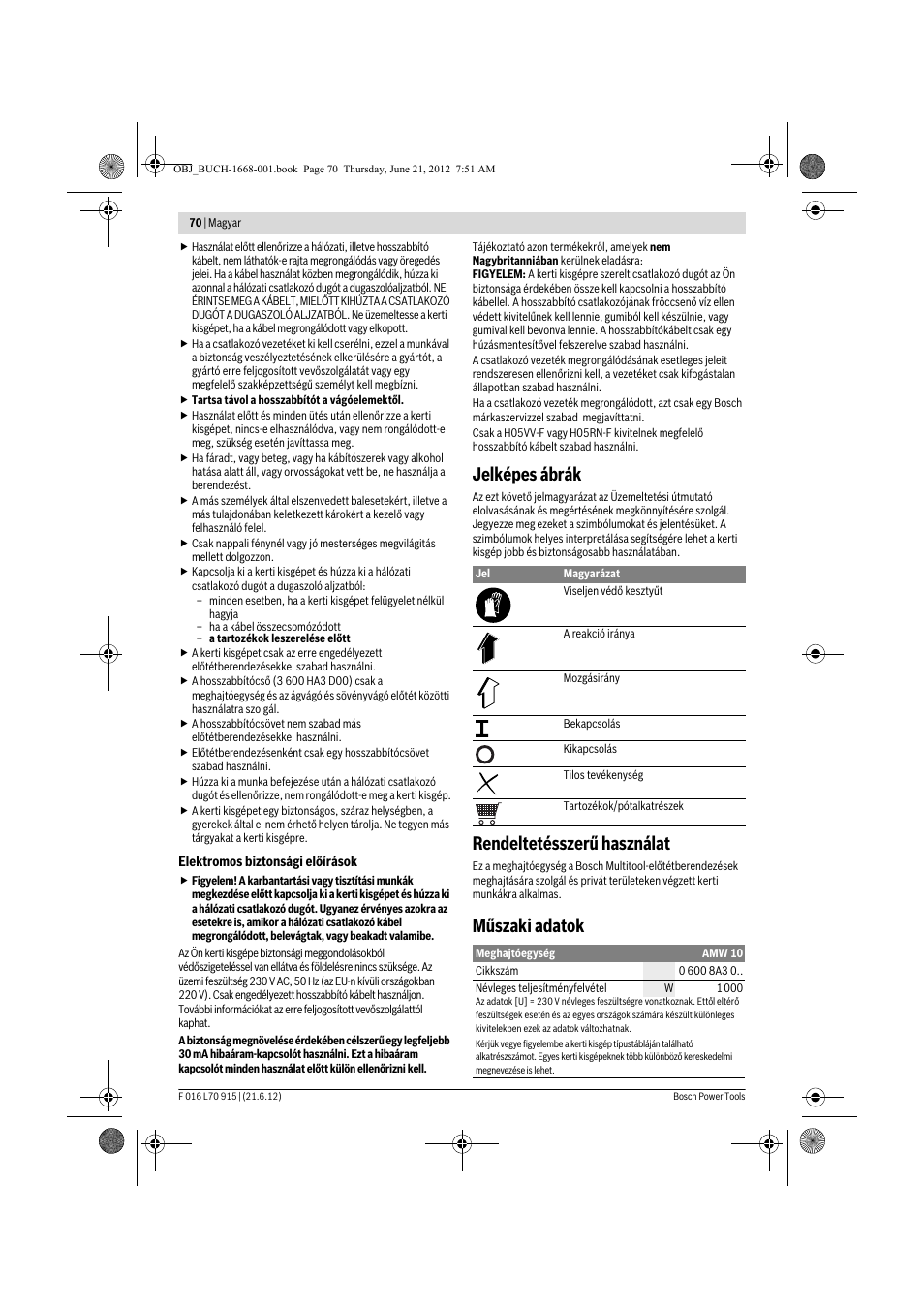Jelképes ábrák, Rendeltetésszerű használat, Műszaki adatok | Bosch AMW 10 User Manual | Page 70 / 124