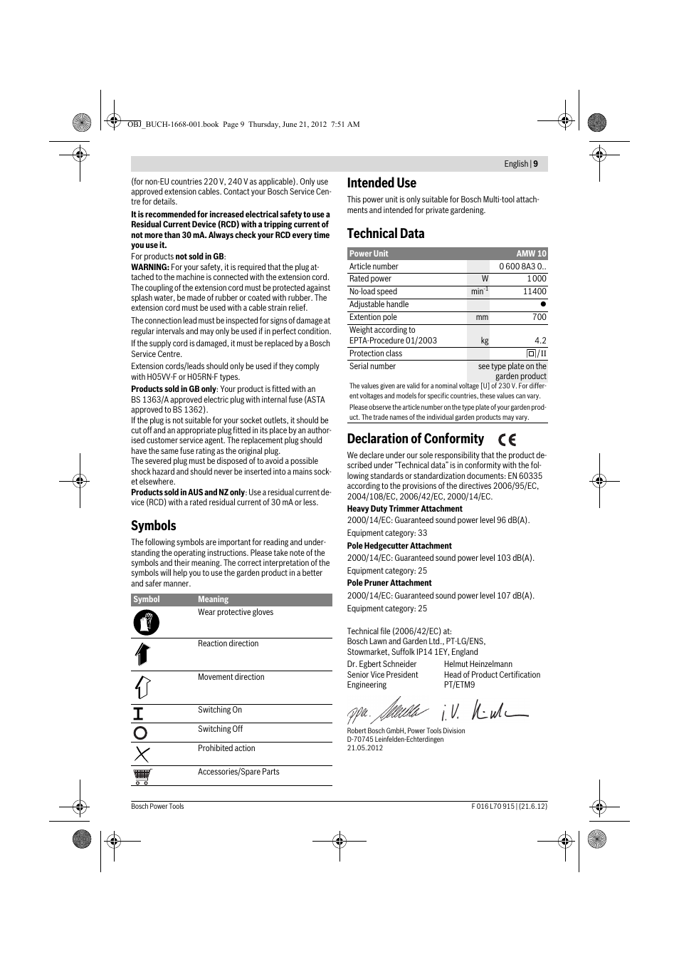 Symbols, Intended use, Technical data declaration of conformity | Bosch AMW 10 User Manual | Page 9 / 124
