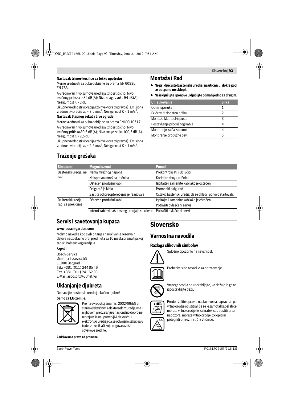 Slovensko, Montaža i rad, Traženje grešaka servis i savetovanja kupaca | Uklanjanje djubreta, Varnostna navodila | Bosch AMW 10 User Manual | Page 93 / 124