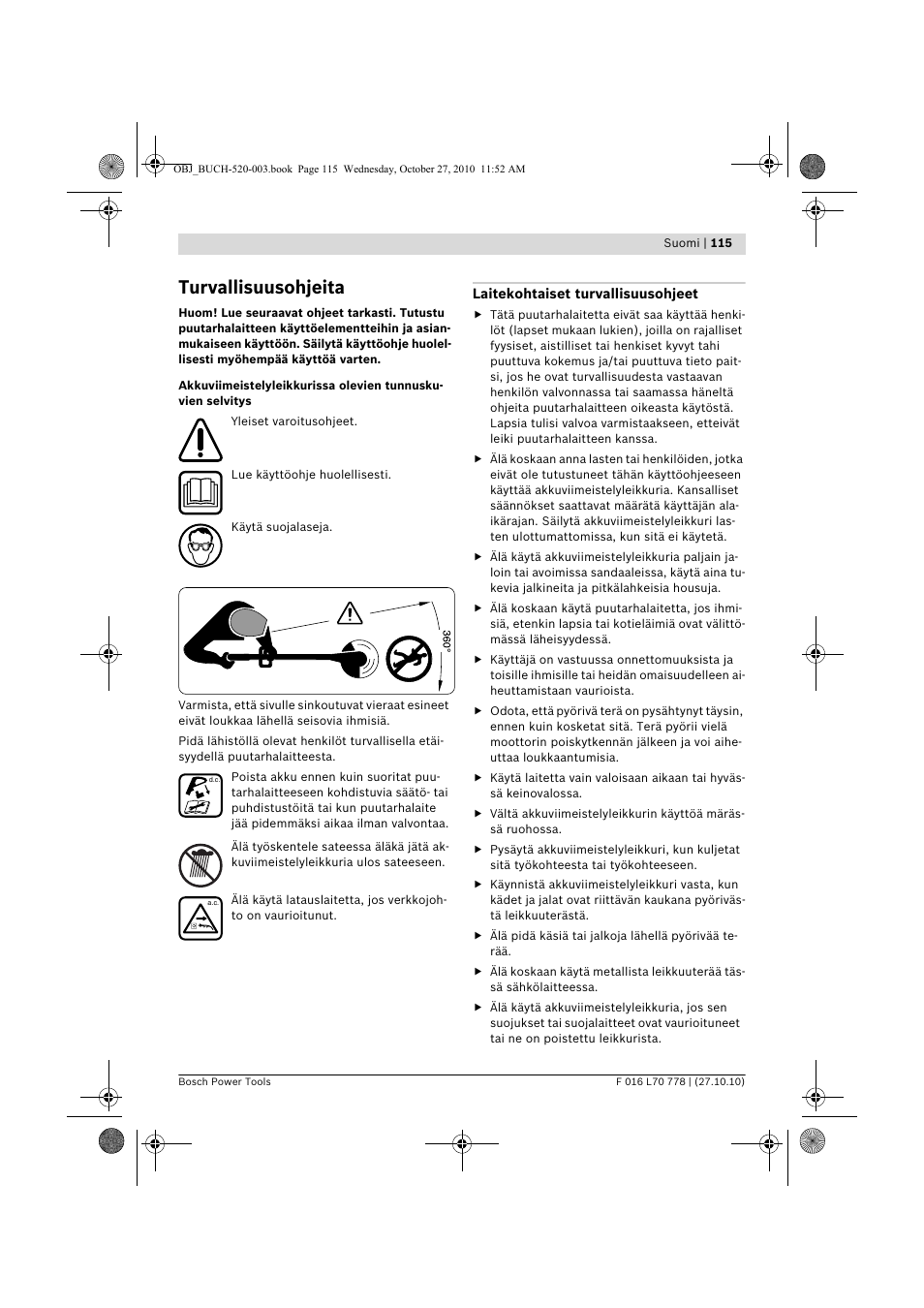 Turvallisuusohjeita | Bosch ART 23 LI User Manual | Page 115 / 297