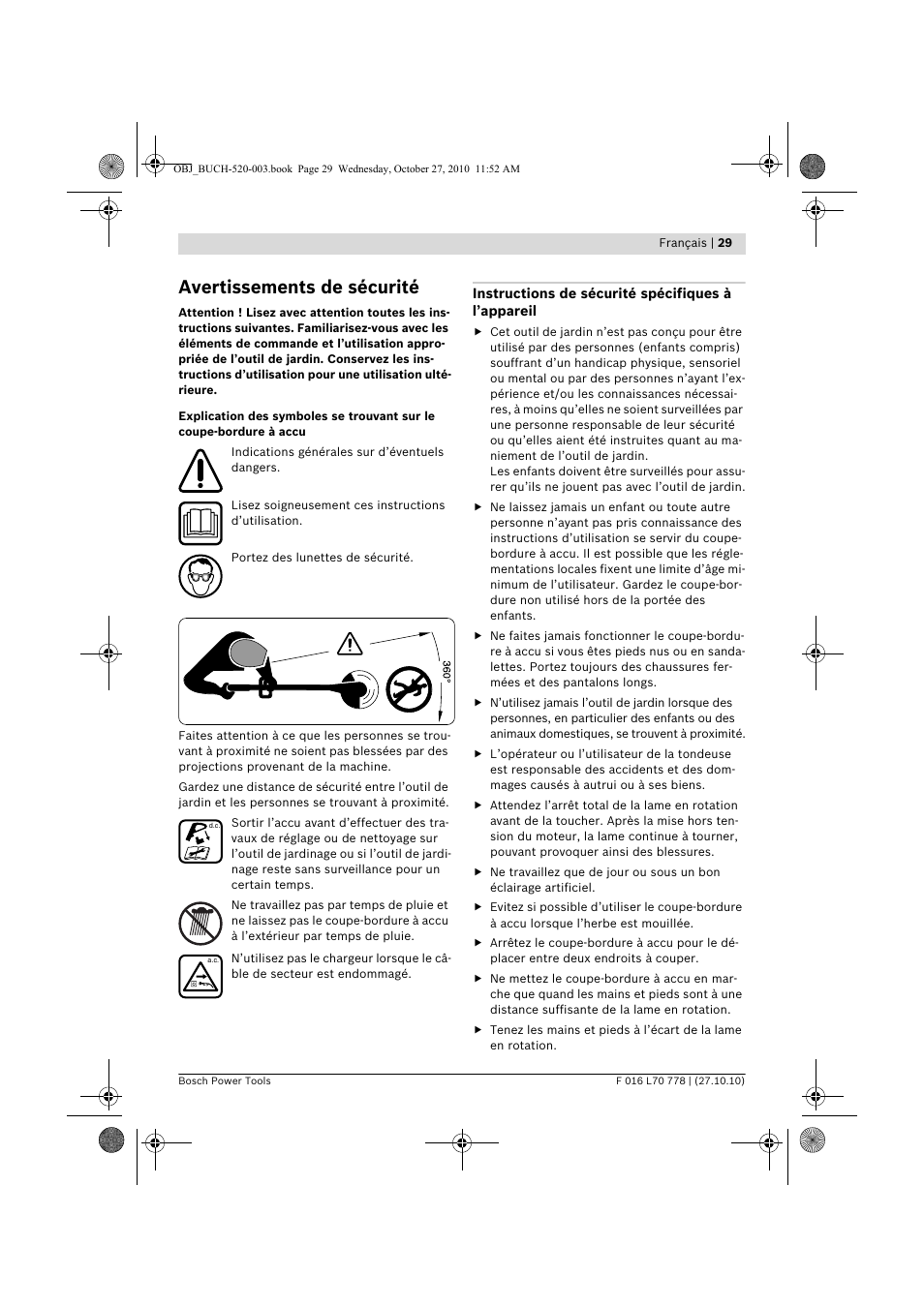 Avertissements de sécurité | Bosch ART 23 LI User Manual | Page 29 / 297