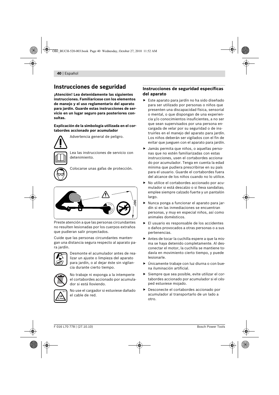 Instrucciones de seguridad | Bosch ART 23 LI User Manual | Page 40 / 297