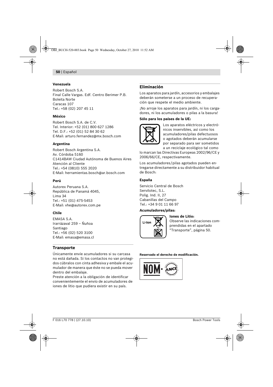 Transporte, Eliminación, 50 | español | Bosch ART 23 LI User Manual | Page 50 / 297