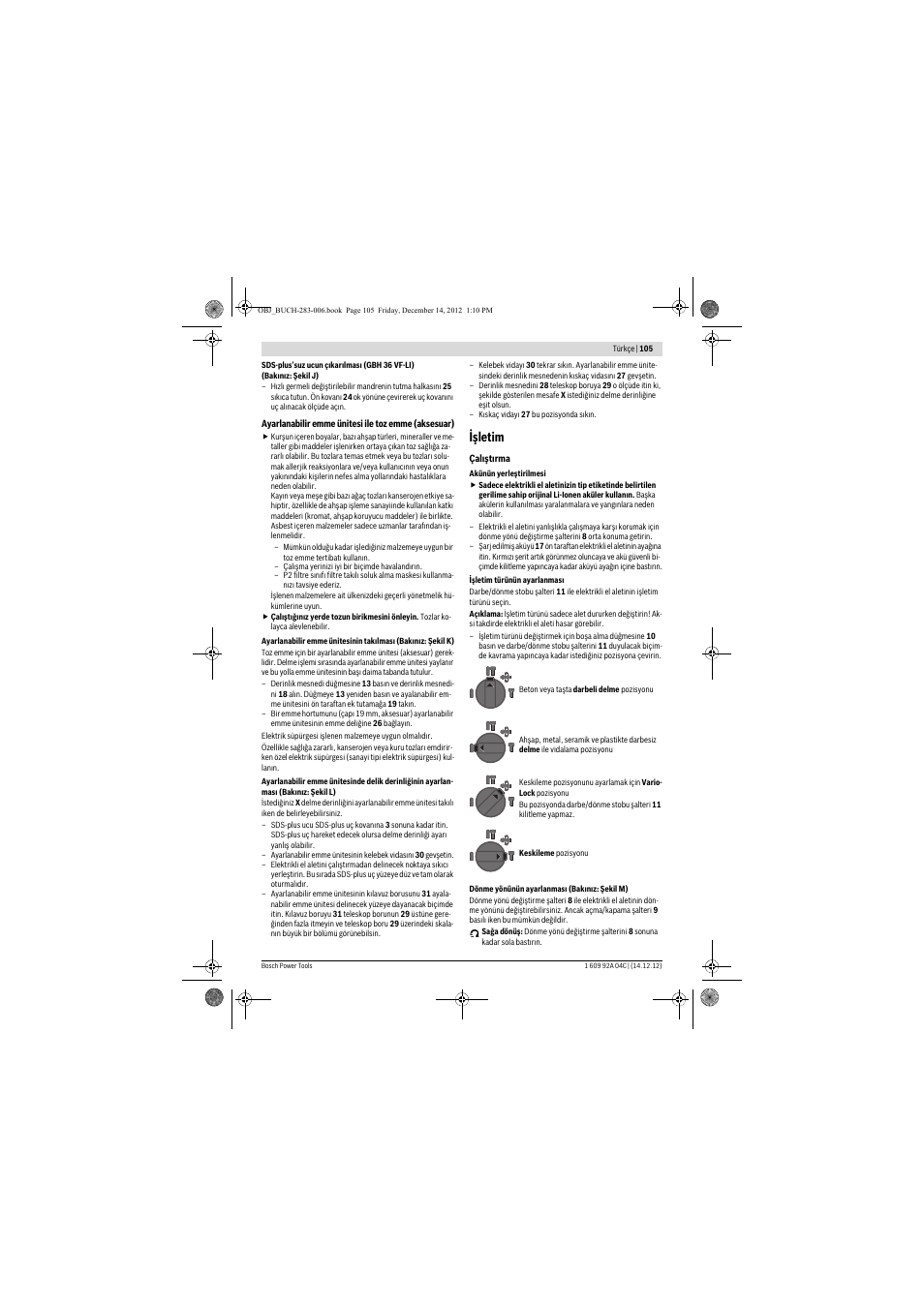 Işletim | Bosch GBH 36 V-LI Professional User Manual | Page 105 / 238