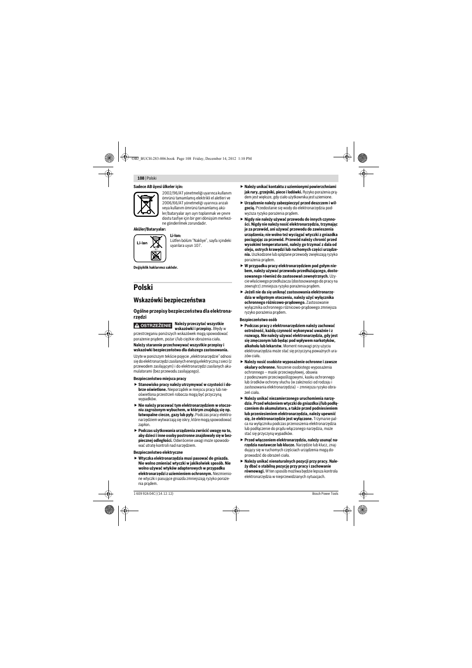 Polski, Wskazówki bezpieczeństwa | Bosch GBH 36 V-LI Professional User Manual | Page 108 / 238