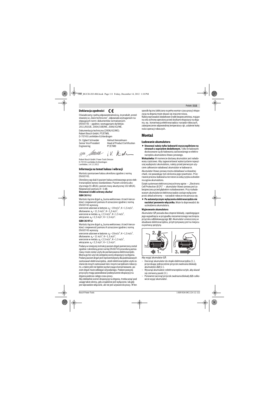 Montaż | Bosch GBH 36 V-LI Professional User Manual | Page 111 / 238