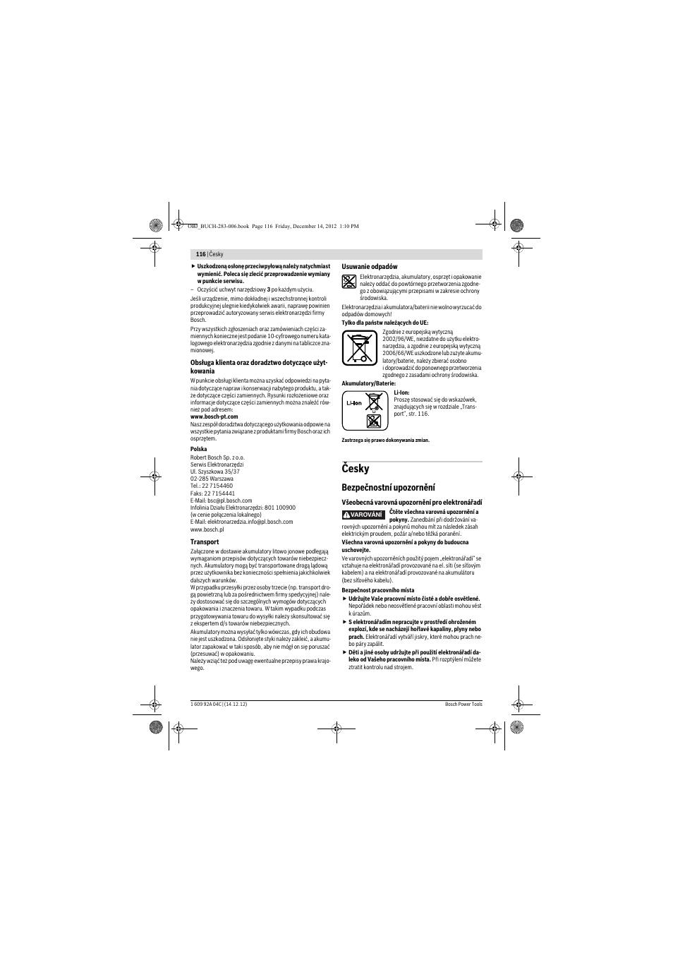 Česky, Bezpečnostní upozornění | Bosch GBH 36 V-LI Professional User Manual | Page 116 / 238