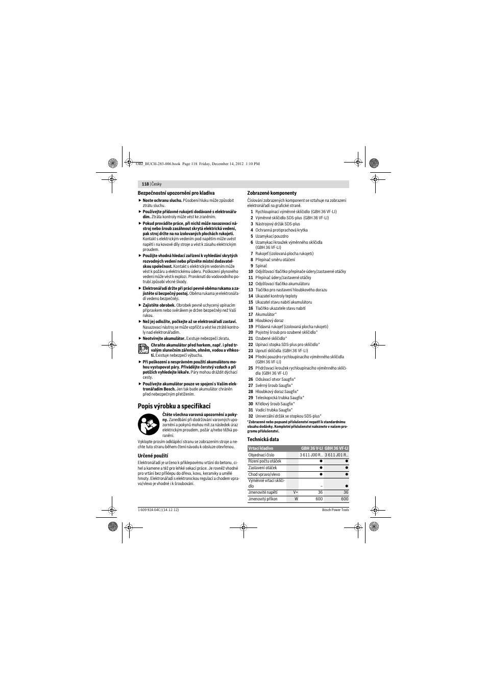 Popis výrobku a specifikací | Bosch GBH 36 V-LI Professional User Manual | Page 118 / 238