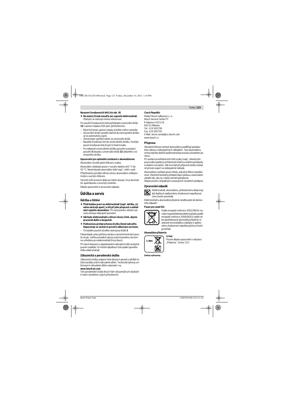 Údržba a servis | Bosch GBH 36 V-LI Professional User Manual | Page 123 / 238
