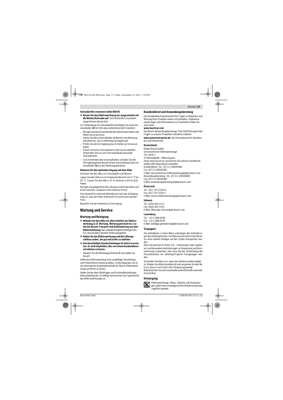 Wartung und service | Bosch GBH 36 V-LI Professional User Manual | Page 13 / 238