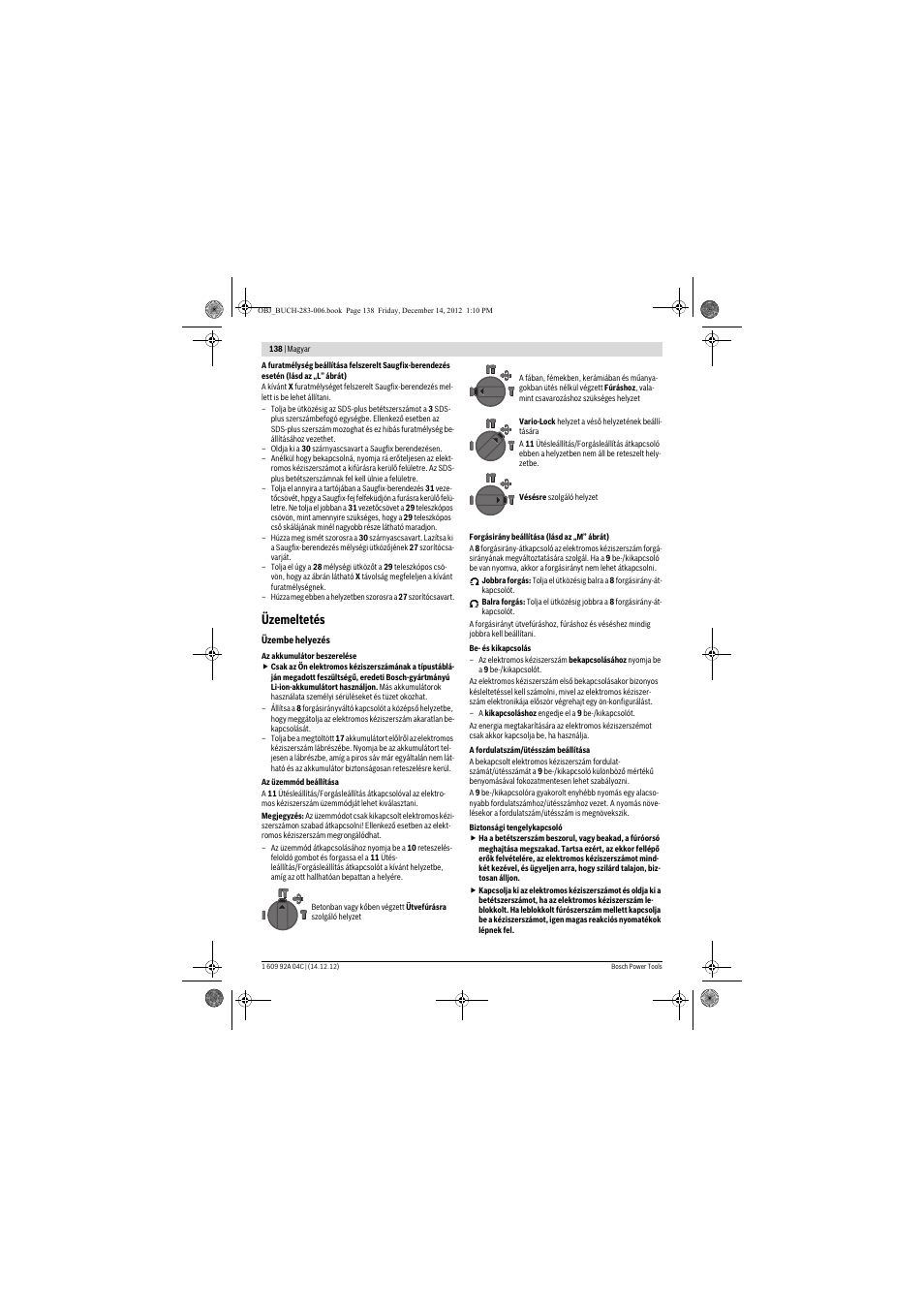 Üzemeltetés | Bosch GBH 36 V-LI Professional User Manual | Page 138 / 238