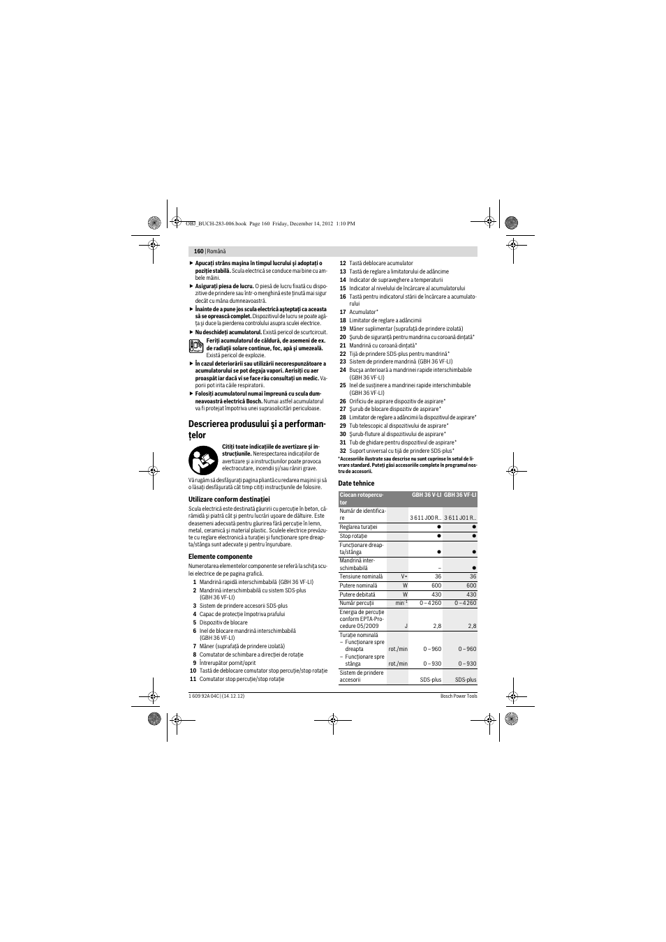 Descrierea produsului şi a performan- ţelor | Bosch GBH 36 V-LI Professional User Manual | Page 160 / 238