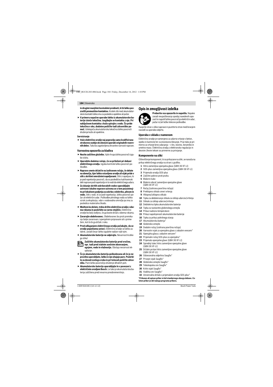 Opis in zmogljivost izdelka | Bosch GBH 36 V-LI Professional User Manual | Page 184 / 238