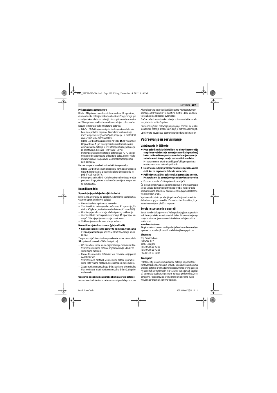 Vzdrževanje in servisiranje | Bosch GBH 36 V-LI Professional User Manual | Page 189 / 238