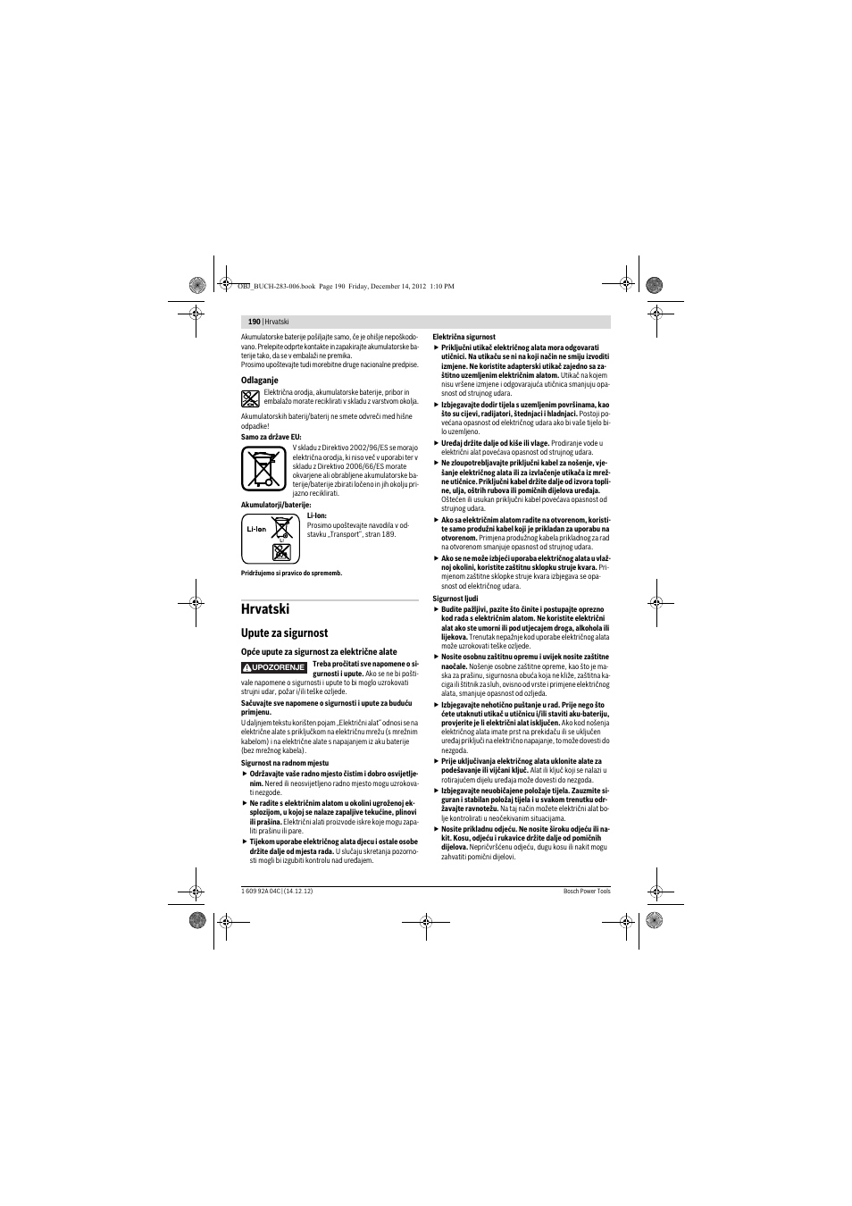 Hrvatski, Upute za sigurnost | Bosch GBH 36 V-LI Professional User Manual | Page 190 / 238