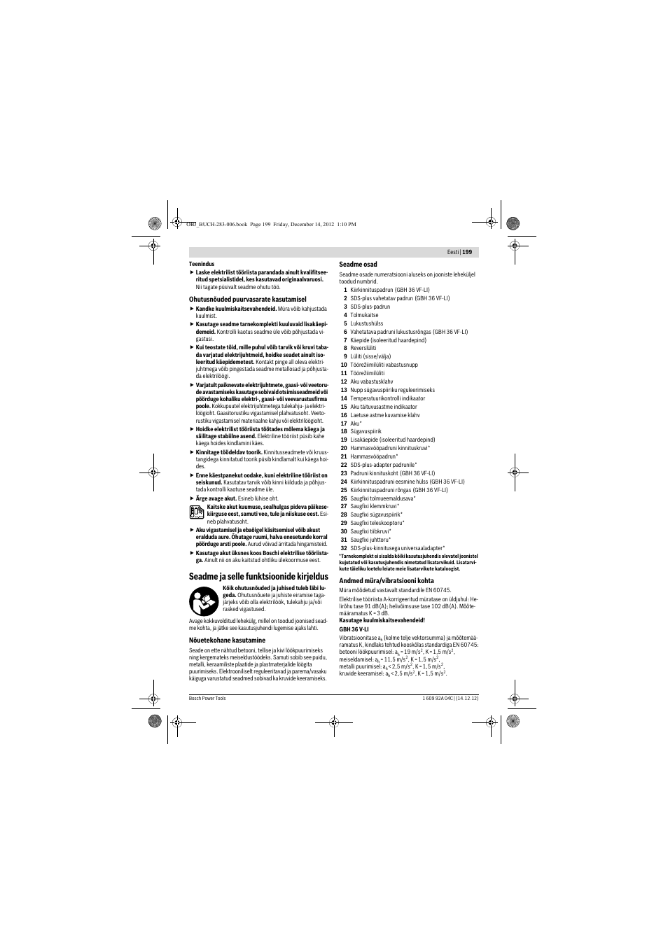 Seadme ja selle funktsioonide kirjeldus | Bosch GBH 36 V-LI Professional User Manual | Page 199 / 238