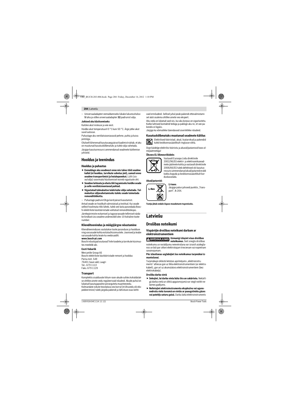 Latviešu, Hooldus ja teenindus | Bosch GBH 36 V-LI Professional User Manual | Page 204 / 238
