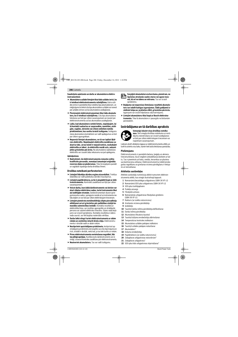 Izstrādājuma un tā darbības apraksts | Bosch GBH 36 V-LI Professional User Manual | Page 206 / 238