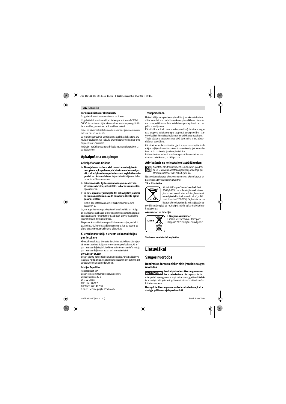 Lietuviškai, Apkalpošana un apkope, Saugos nuorodos | Bosch GBH 36 V-LI Professional User Manual | Page 212 / 238