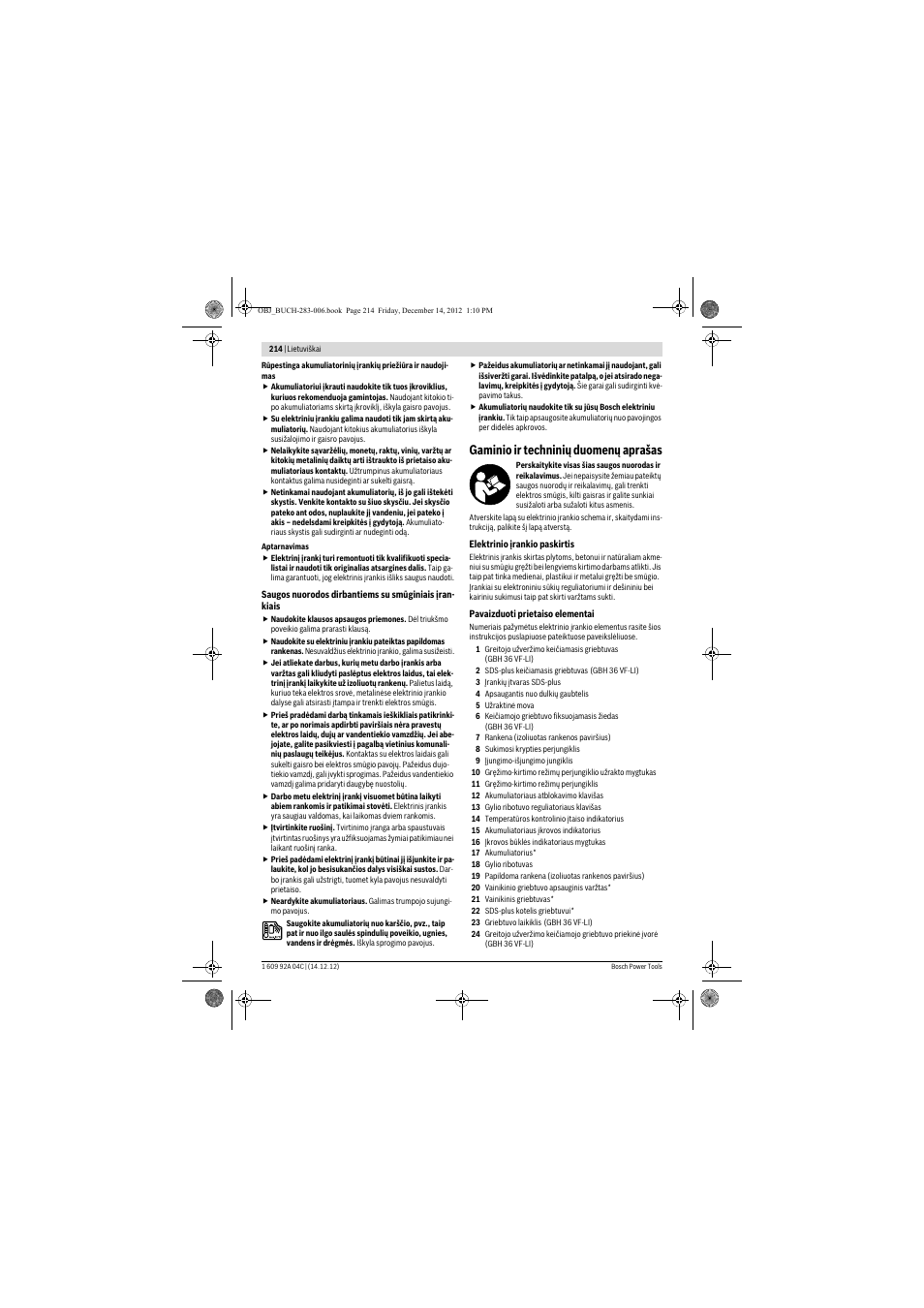 Gaminio ir techninių duomenų aprašas | Bosch GBH 36 V-LI Professional User Manual | Page 214 / 238