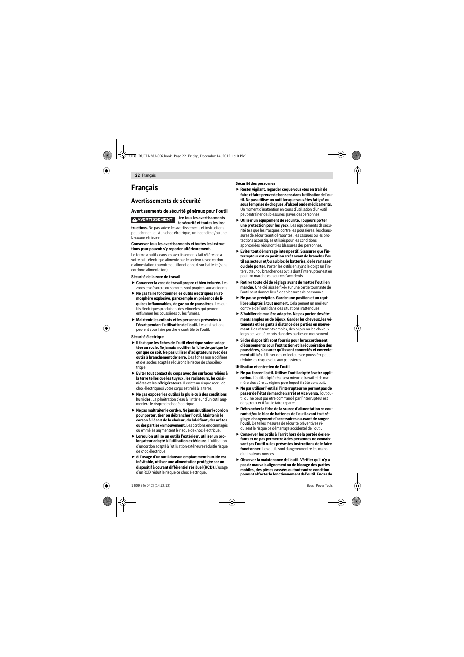 Français, Avertissements de sécurité | Bosch GBH 36 V-LI Professional User Manual | Page 22 / 238