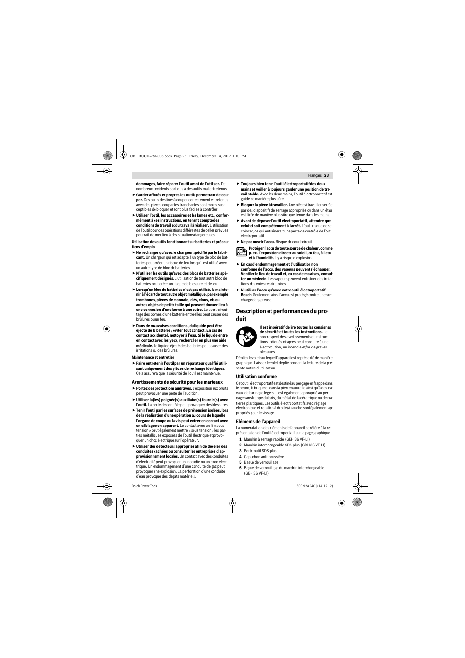 Description et performances du pro- duit | Bosch GBH 36 V-LI Professional User Manual | Page 23 / 238