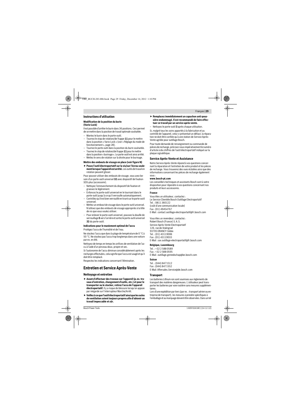 Entretien et service après-vente | Bosch GBH 36 V-LI Professional User Manual | Page 29 / 238