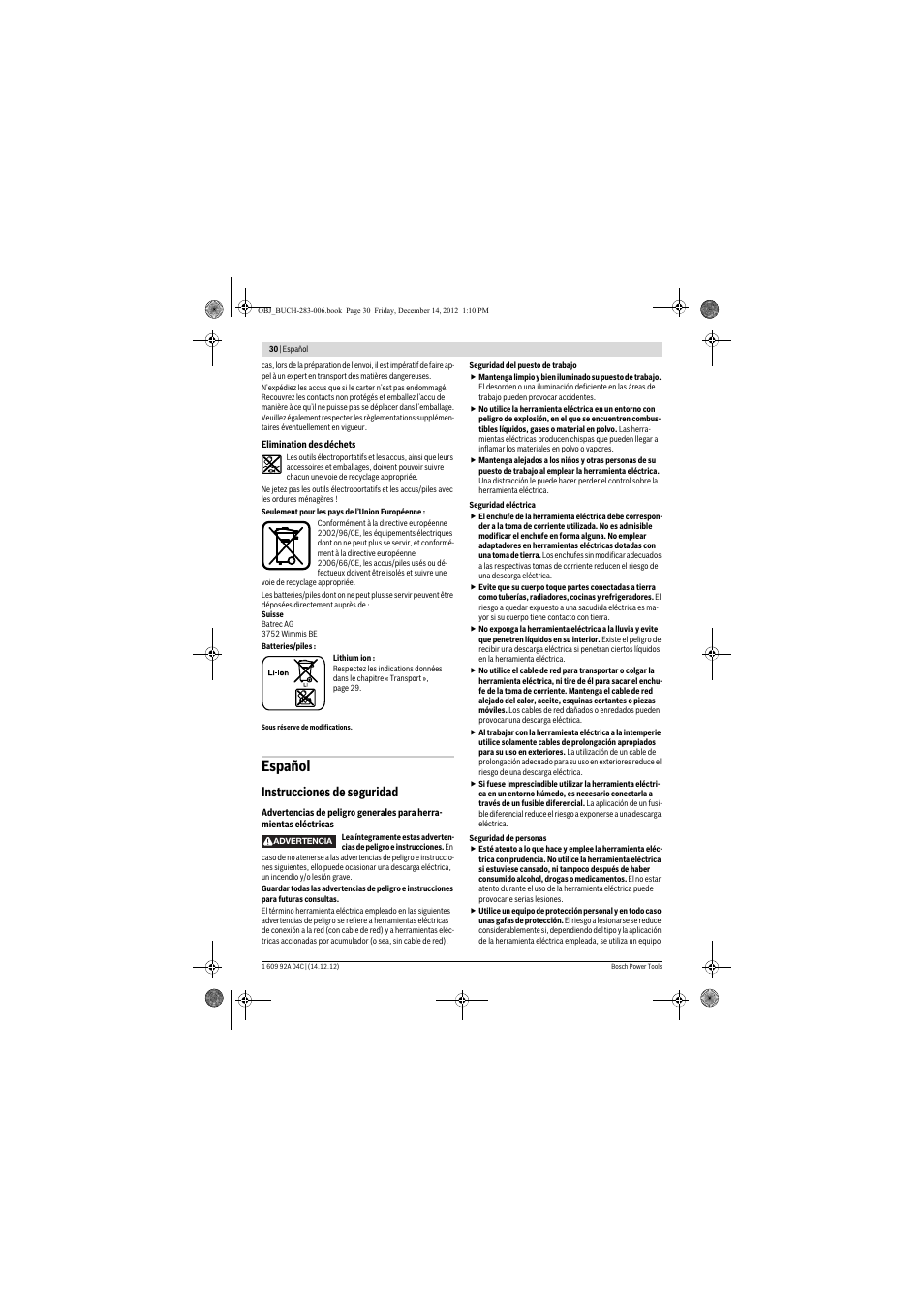 Español, Instrucciones de seguridad | Bosch GBH 36 V-LI Professional User Manual | Page 30 / 238