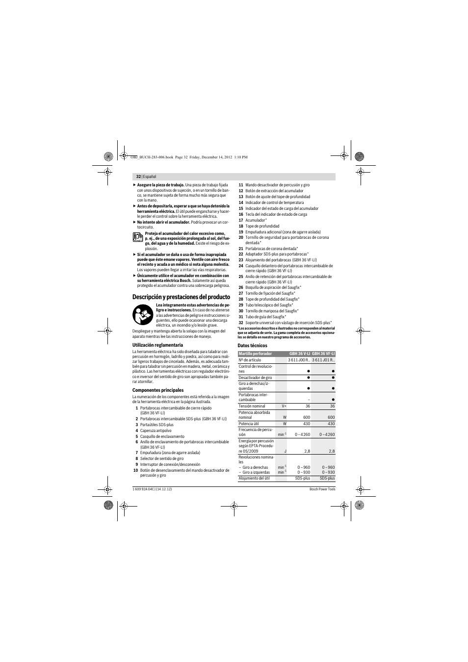 Descripción y prestaciones del producto | Bosch GBH 36 V-LI Professional User Manual | Page 32 / 238