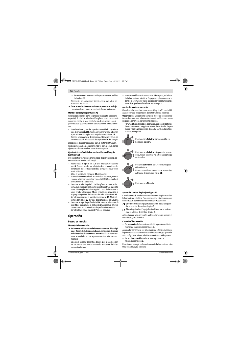 Operación | Bosch GBH 36 V-LI Professional User Manual | Page 36 / 238