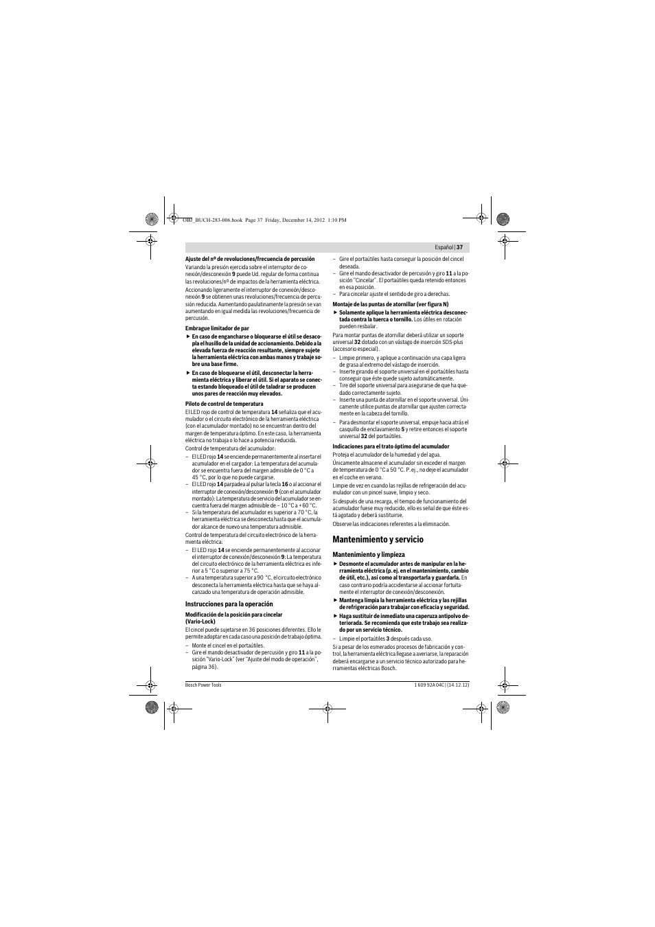 Mantenimiento y servicio | Bosch GBH 36 V-LI Professional User Manual | Page 37 / 238