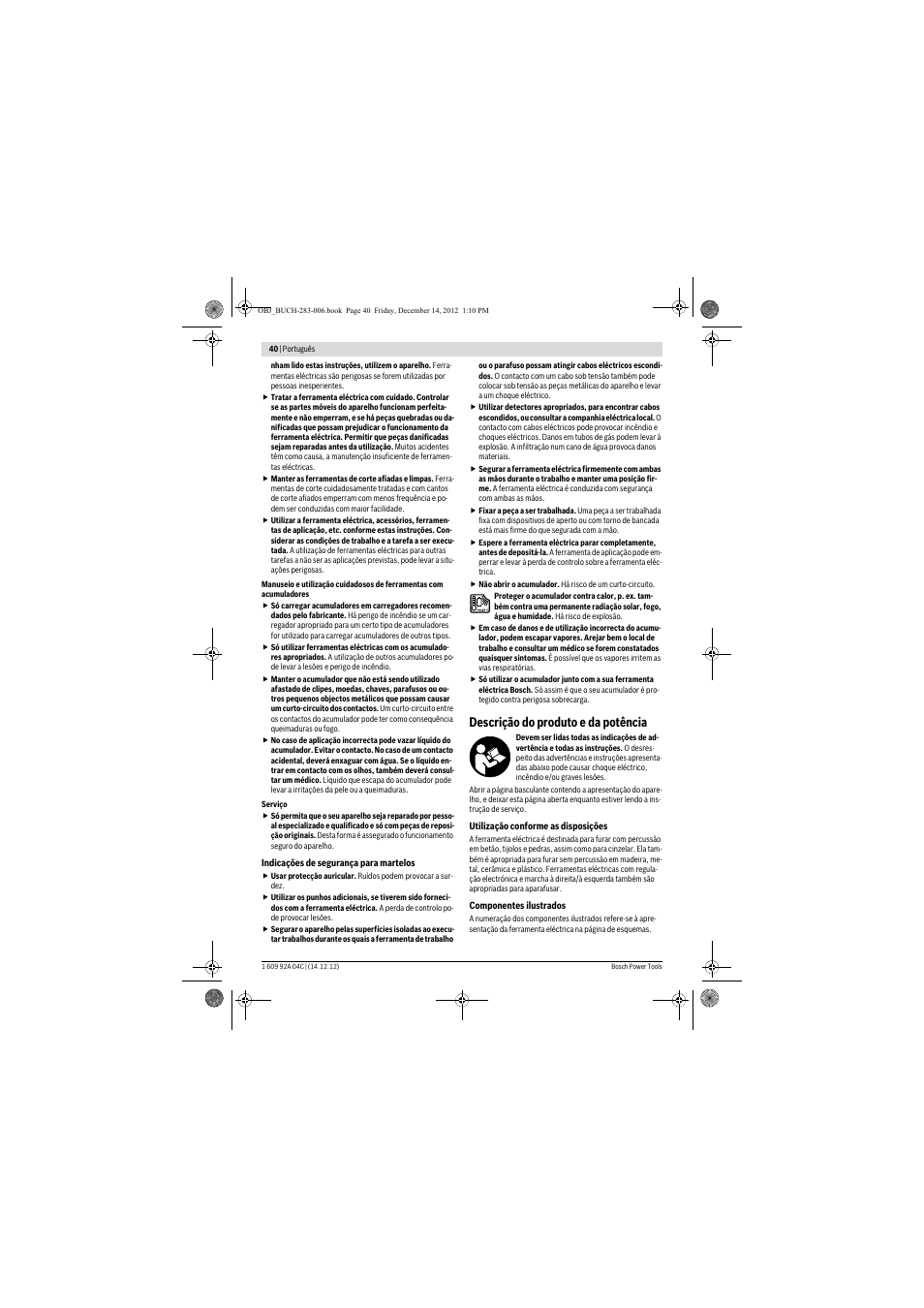 Descrição do produto e da potência | Bosch GBH 36 V-LI Professional User Manual | Page 40 / 238
