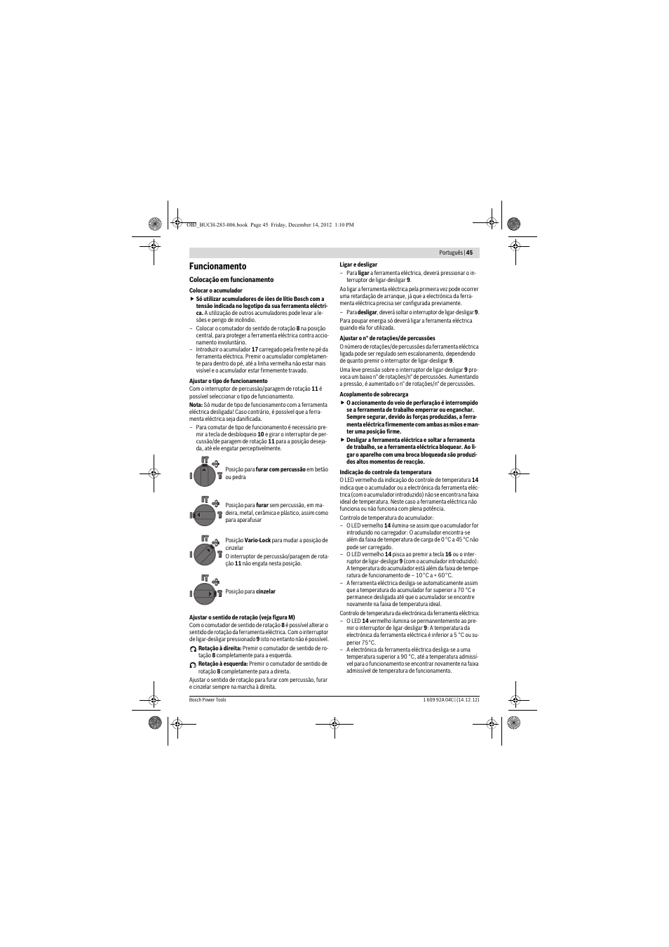 Funcionamento | Bosch GBH 36 V-LI Professional User Manual | Page 45 / 238