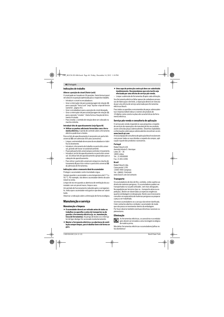 Manutenção e serviço | Bosch GBH 36 V-LI Professional User Manual | Page 46 / 238