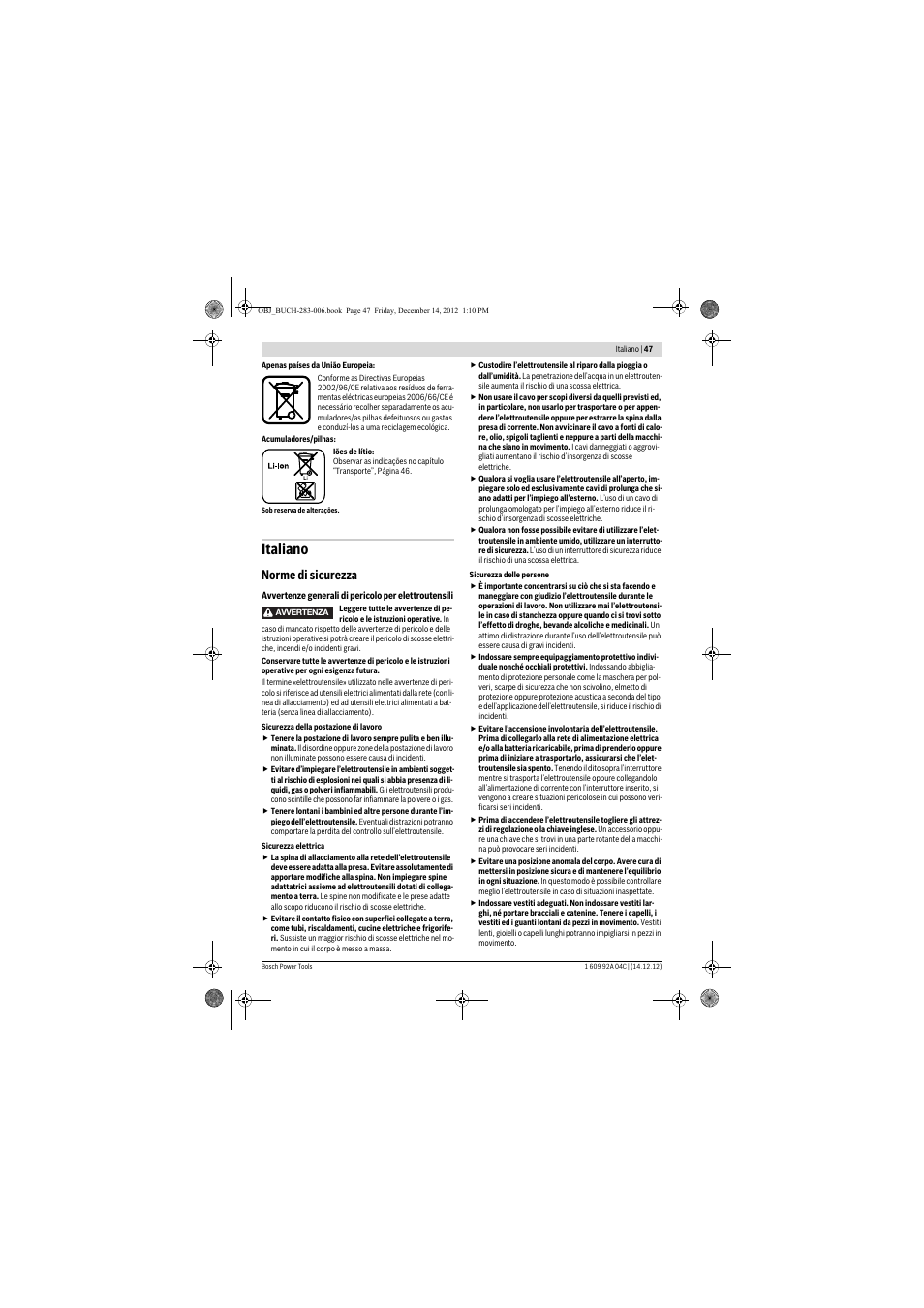 Italiano, Norme di sicurezza | Bosch GBH 36 V-LI Professional User Manual | Page 47 / 238