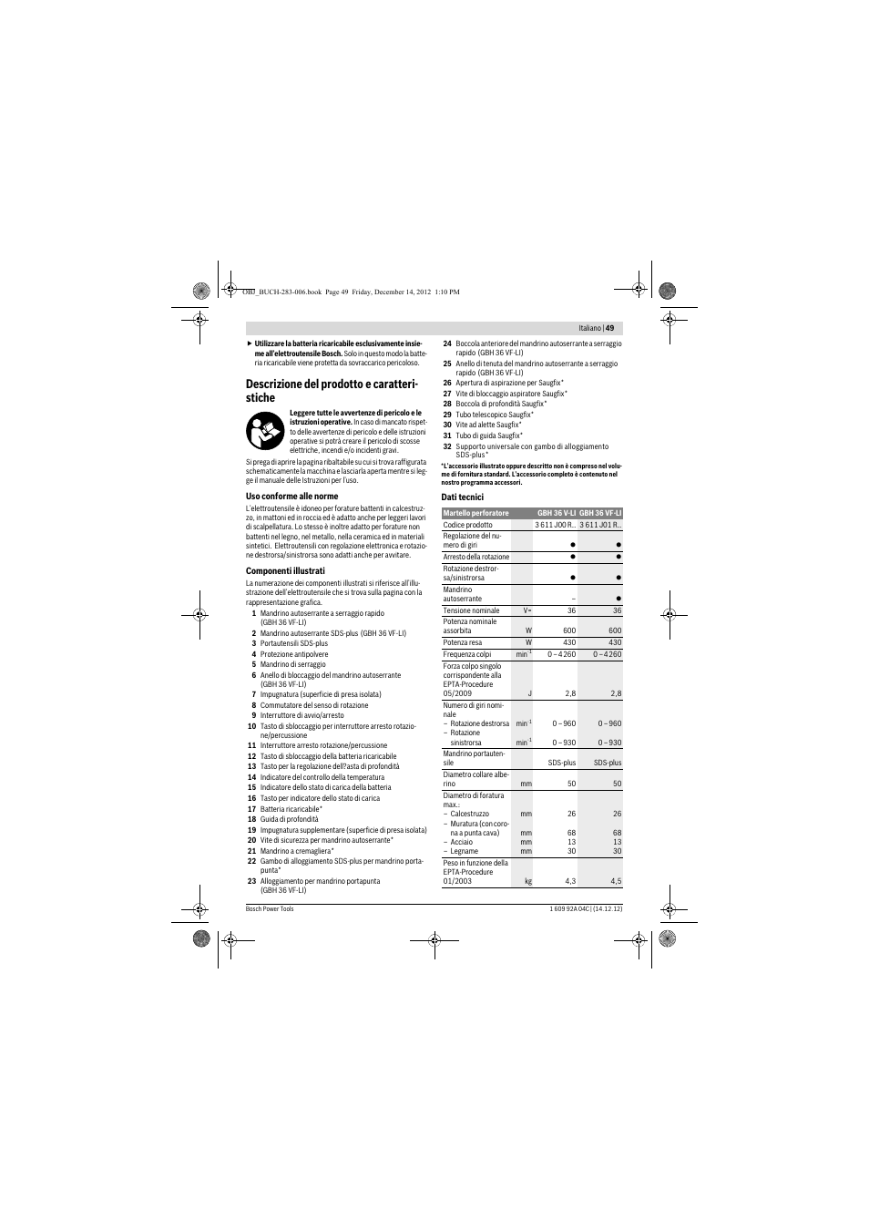 Descrizione del prodotto e caratteri- stiche | Bosch GBH 36 V-LI Professional User Manual | Page 49 / 238