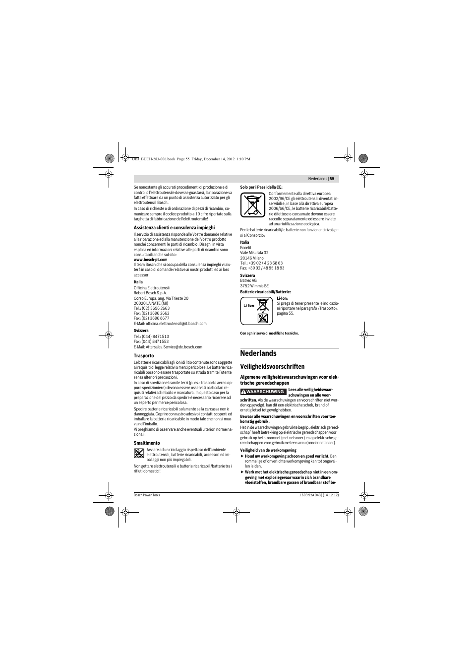 Nederlands, Veiligheidsvoorschriften | Bosch GBH 36 V-LI Professional User Manual | Page 55 / 238