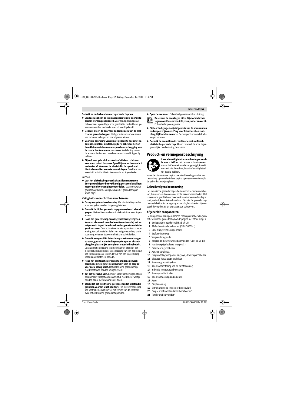 Product- en vermogensbeschrijving | Bosch GBH 36 V-LI Professional User Manual | Page 57 / 238