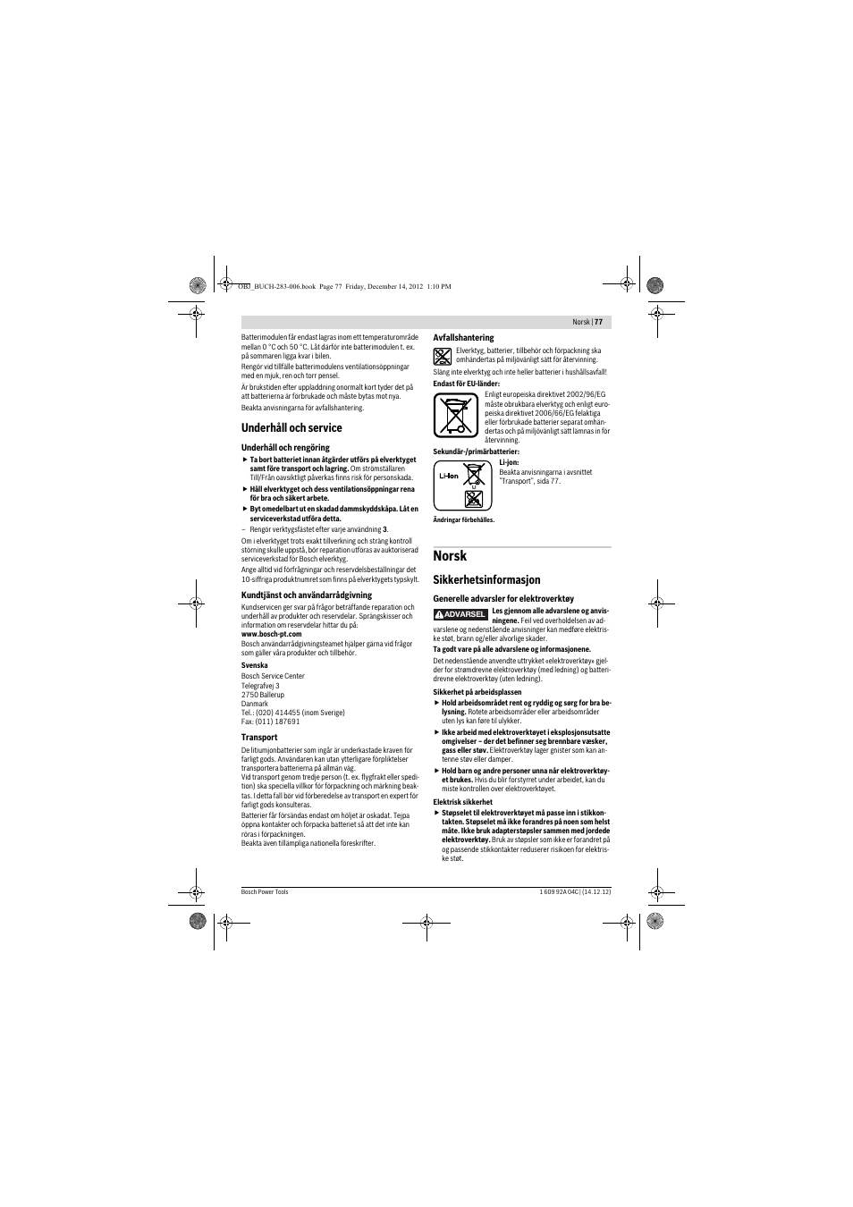 Norsk, Underhåll och service, Sikkerhetsinformasjon | Bosch GBH 36 V-LI Professional User Manual | Page 77 / 238