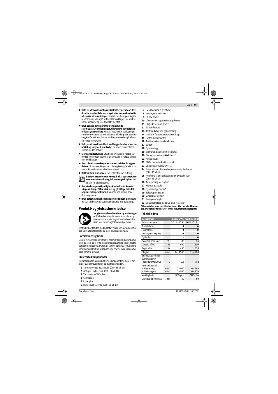 Produkt- og ytelsesbeskrivelse | Bosch GBH 36 V-LI Professional User Manual | Page 79 / 238