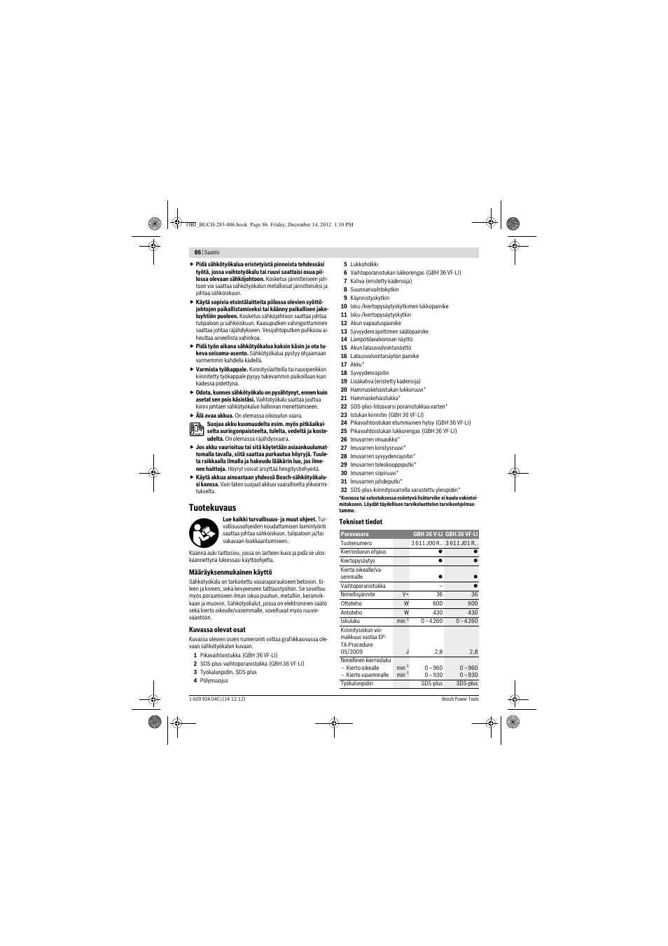 Tuotekuvaus | Bosch GBH 36 V-LI Professional User Manual | Page 86 / 238