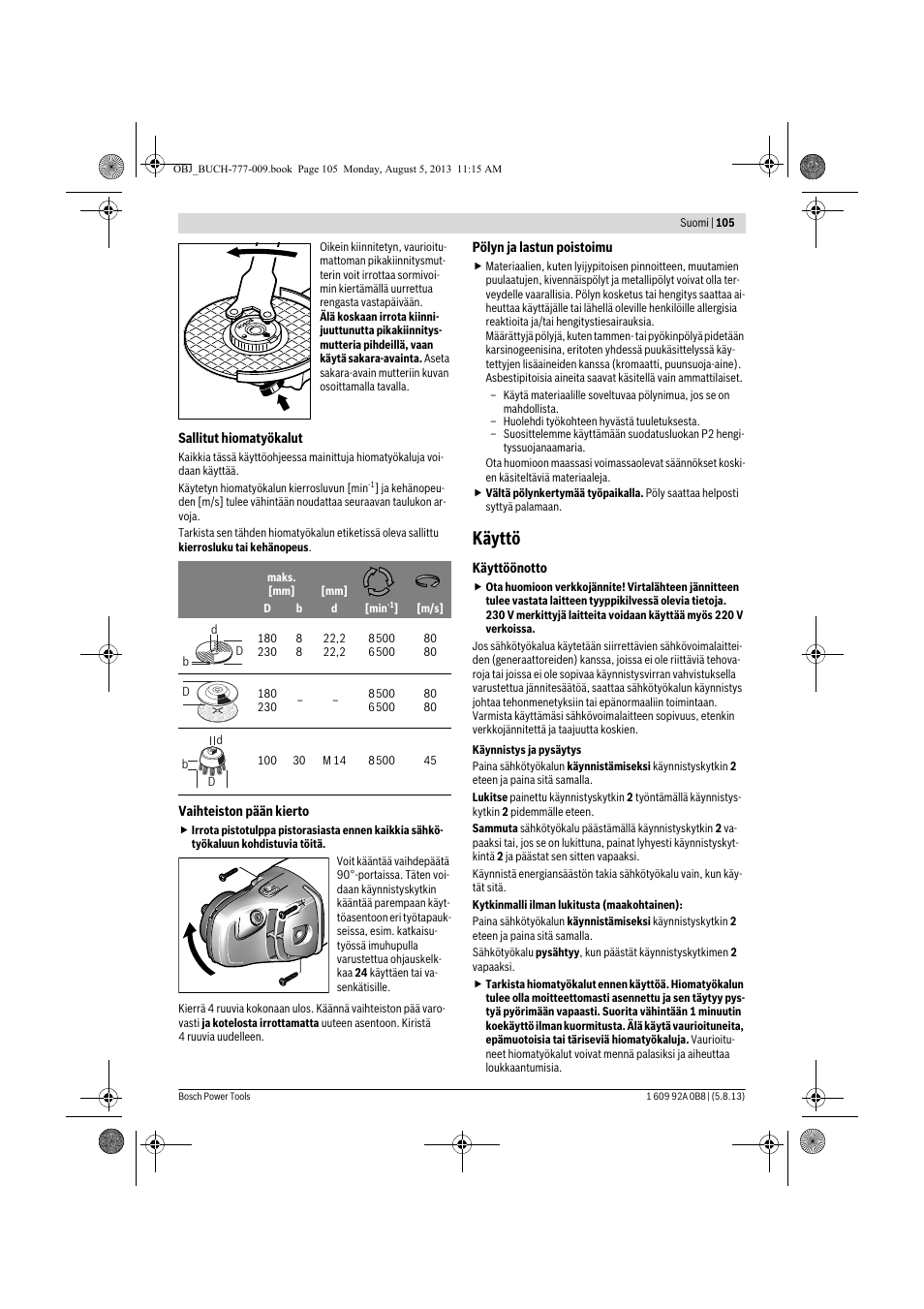 Käyttö | Bosch GWS 24-180 H Professional User Manual | Page 104 / 296