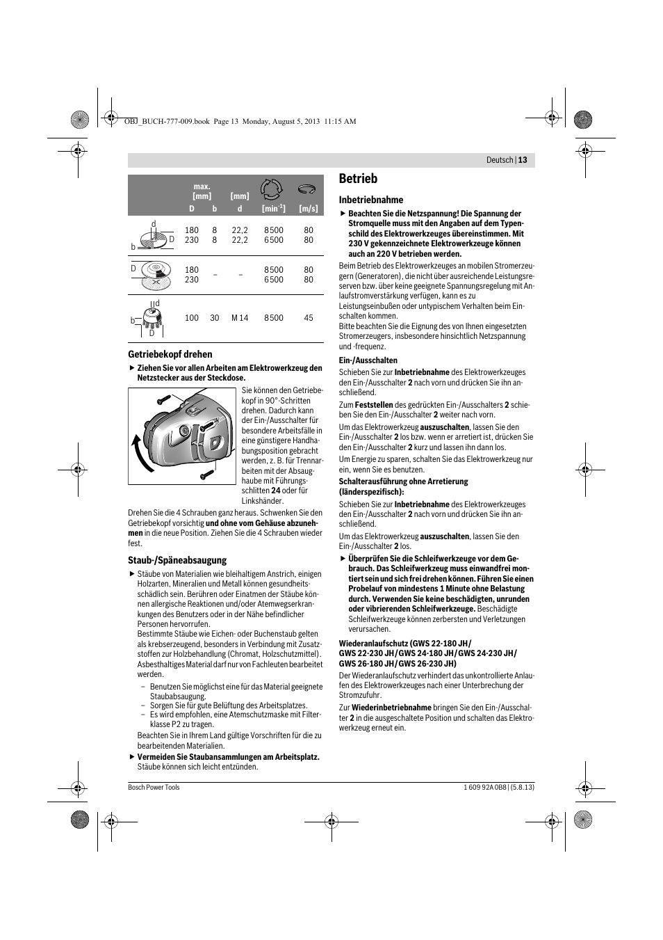 Betrieb | Bosch GWS 24-180 H Professional User Manual | Page 12 / 296