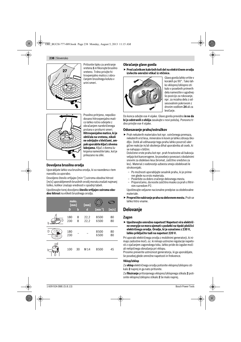 Delovanje | Bosch GWS 24-180 H Professional User Manual | Page 237 / 296
