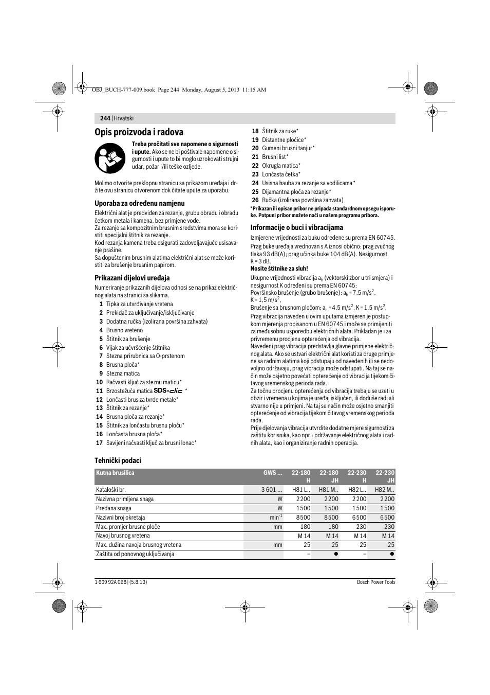Opis proizvoda i radova | Bosch GWS 24-180 H Professional User Manual | Page 243 / 296