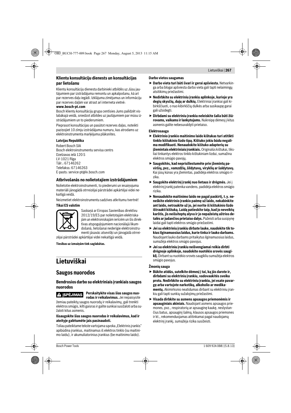 Lietuviškai, Saugos nuorodos | Bosch GWS 24-180 H Professional User Manual | Page 266 / 296