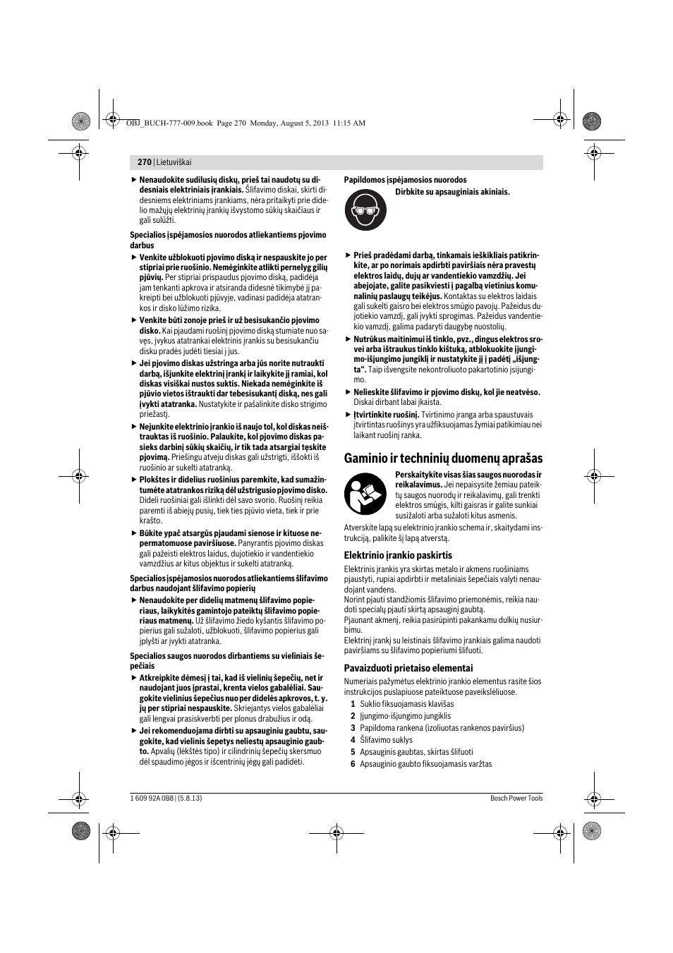 Gaminio ir techninių duomenų aprašas | Bosch GWS 24-180 H Professional User Manual | Page 269 / 296